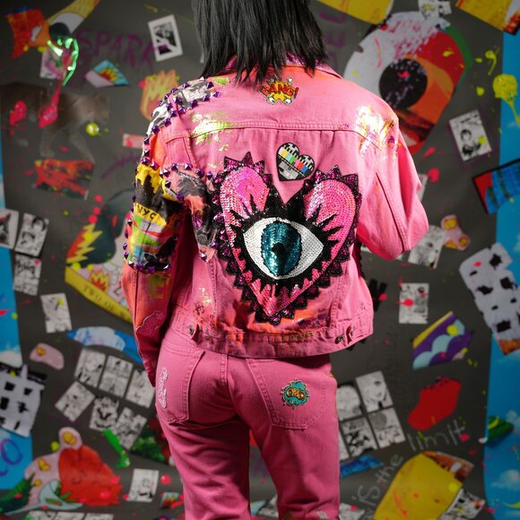 Upcycled Pink Denim Jacket and Jeans Set – Festival Outfit, Size M/26 - Picture 4 of 12